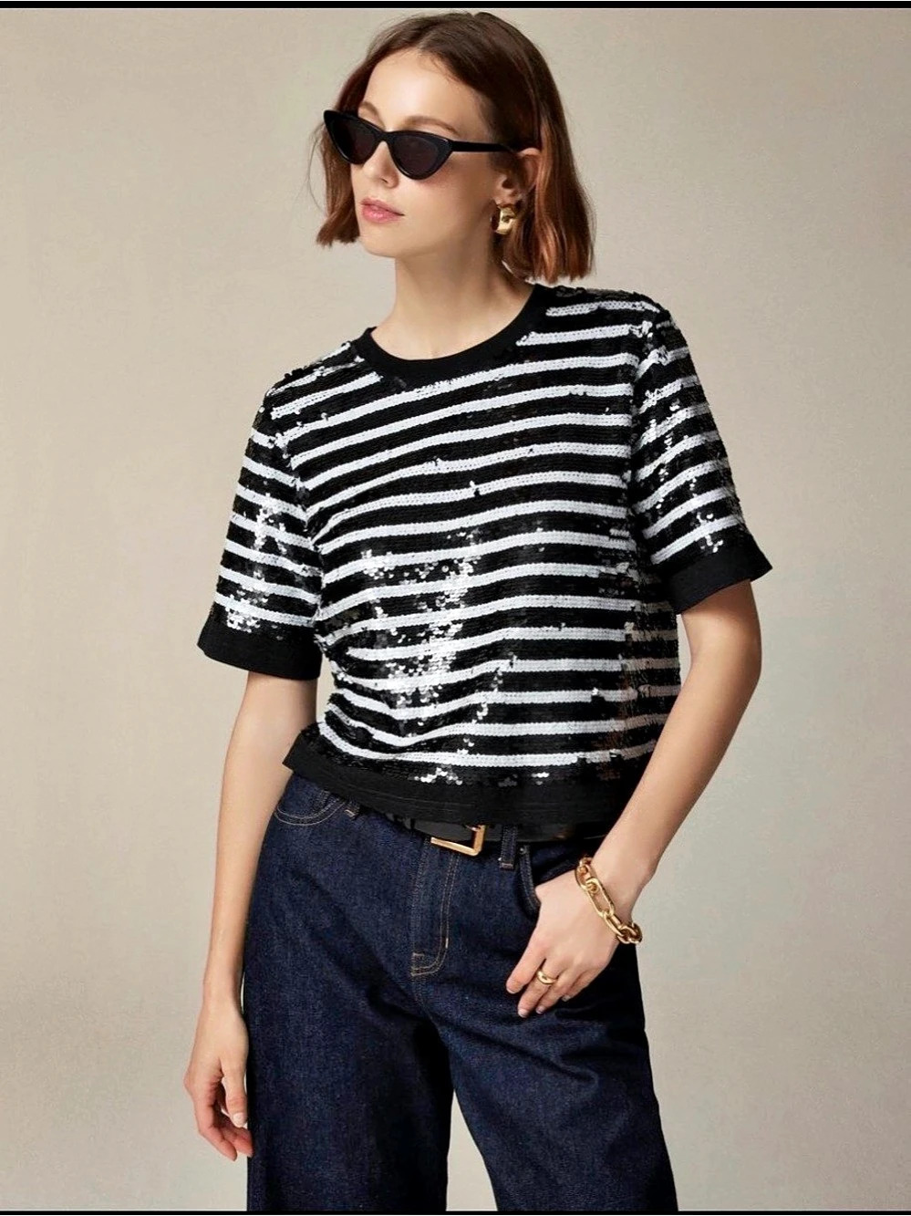 J.Crew Sequin sweater-tee with striped trim Striped Sweater-Tee Black